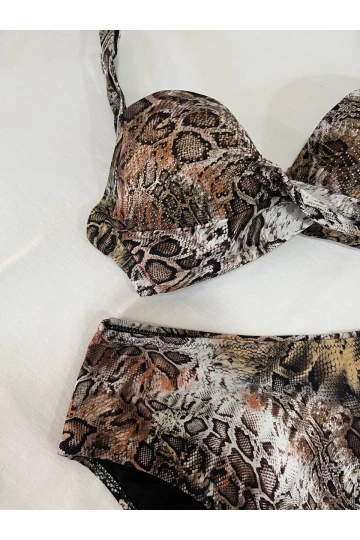 Kadın Kahverengi Leopar Desenli Astarlı Büyük Beden Bikini Takımı HZL25S-LC25006