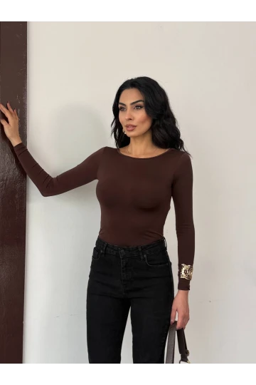 Kadın Kahverengi Sırtı Açık Fiyonk Bağlamalı Uzun Kol Bluz HZL25W-FRY123661