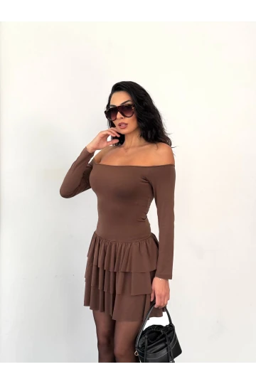 Kadın Kahverengi Straplez Yaka Kat Kat Etek Detaylı Mini Elbise HZL25W-FRY123581