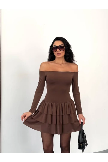 Kadın Kahverengi Straplez Yaka Kat Kat Etek Detaylı Mini Elbise HZL25W-FRY123581
