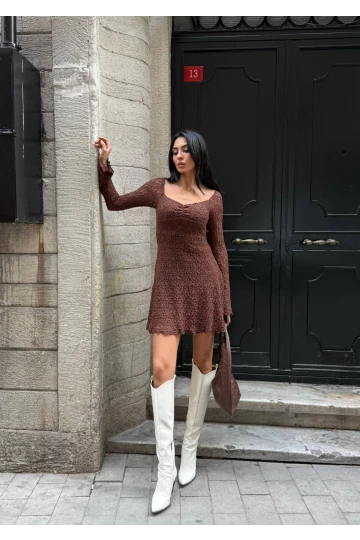 Kadın Kahverengi Uzun Kollu Dantel Detay Astarlı Kloş Elbise HZL25W-FRY123531