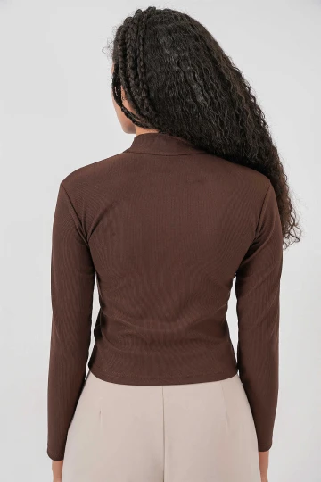 Kadın Kahverengi Yarım Balıkçı Önü Taşlı Body HZL25W-BD19221