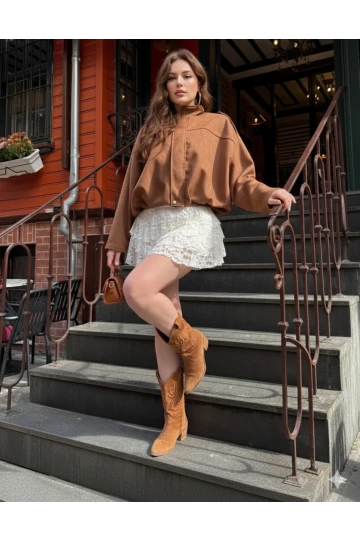 Kadın Kiremit Oversize Fermuar ve Çıt Çıt Kapamalı Cepsiz Süet Deri Ceket HZL25W-BD107301