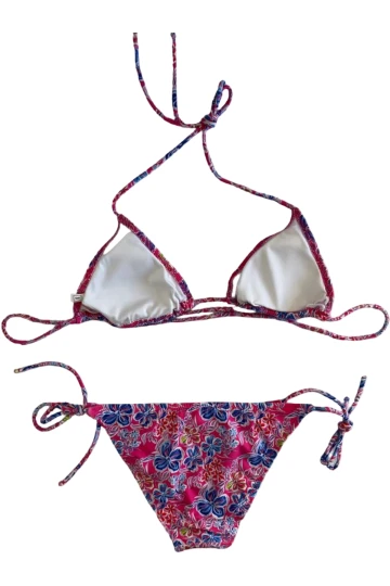 Kadın Kırmızı Çiçek Desenli Boyundan İp Bağlamalı Üçgen Bikini Takımı HZL25S-LC5005