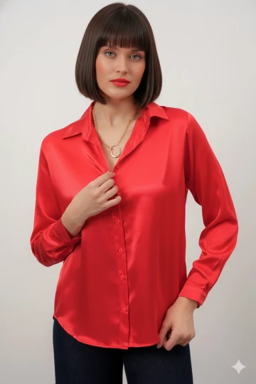 Kadın Kırmızı Hafif Dökümlü Saten Yüzeyli Gömlek HZL22W-BD139641