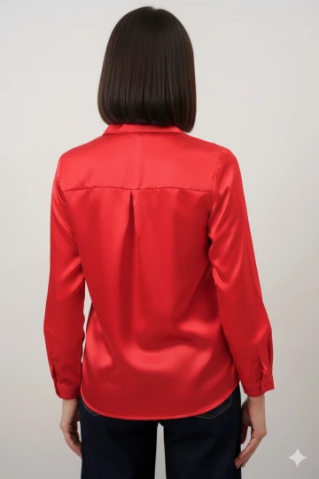 Kadın Kırmızı Hafif Dökümlü Saten Yüzeyli Gömlek HZL22W-BD139641