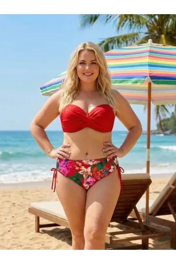 Kadın Kırmızı Taş İşlemeli Çiçek Desenli Büyük Beden Bikini Takım HZL25S-LC3368