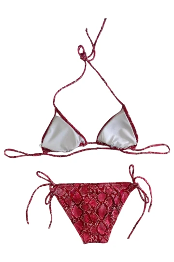 Kadın Kırmızı Yılan Derisi Desen Boyundan İp Bağlamalı Üçgen Bikini Takımı HZL25S-LC5005