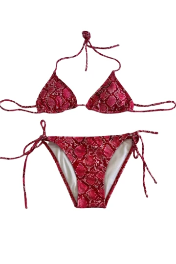 Kadın Kırmızı Yılan Derisi Desen Boyundan İp Bağlamalı Üçgen Bikini Takımı HZL25S-LC5005