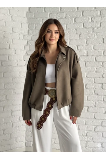 Kadın Koyu Bej Oversize Fermuar ve Çıt Çıt Kapamalı Cepsiz Süet Deri Ceket HZL25W-BD107301