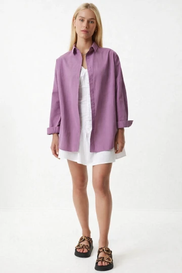 Kadın Koyu Lila Oversize Uzun Basic Gömlek HZL22W-BD139001