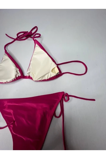 Kadın Koyu Pembe Boyundan İp Bağlamalı Üçgen Bikini Takımı HZL25S-LC5005