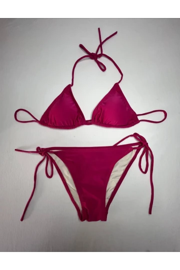 Kadın Koyu Pembe Boyundan İp Bağlamalı Üçgen Bikini Takımı HZL25S-LC5005