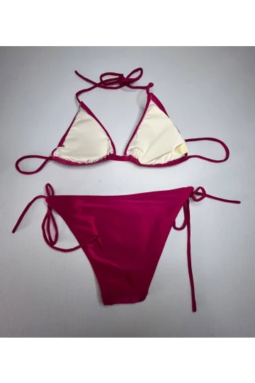 Kadın Koyu Pembe Boyundan İp Bağlamalı Üçgen Bikini Takımı HZL25S-LC5005
