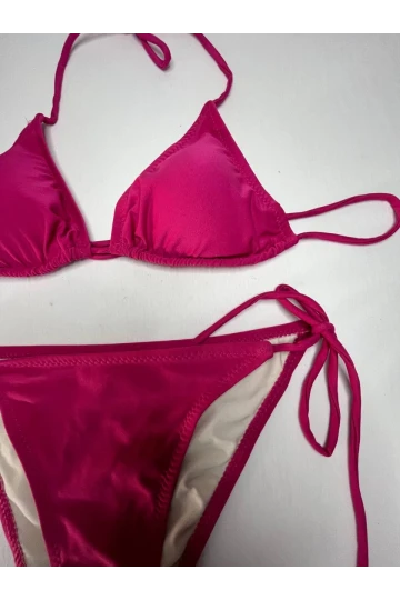 Kadın Koyu Pembe Boyundan İp Bağlamalı Üçgen Bikini Takımı HZL25S-LC5005