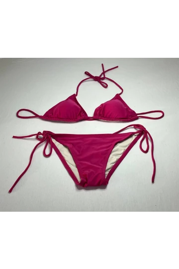 Kadın Koyu Pembe Boyundan İp Bağlamalı Üçgen Bikini Takımı HZL25S-LC5005