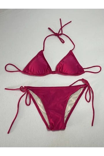 Kadın Koyu Pembe Boyundan İp Bağlamalı Üçgen Bikini Takımı HZL25S-LC5005