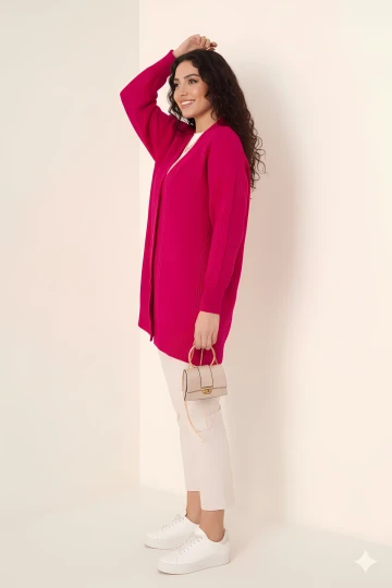 Kadın Koyu Pembe Saç Örgü Desen Uzun Düğmeli Rahat Kesim Triko Hırka HZL23W-BD1100691