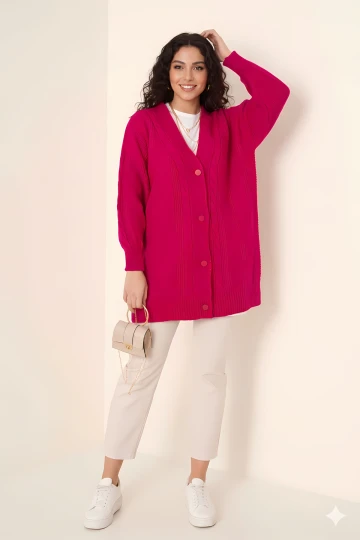 Kadın Koyu Pembe Saç Örgü Desen Uzun Düğmeli Rahat Kesim Triko Hırka HZL23W-BD1100691