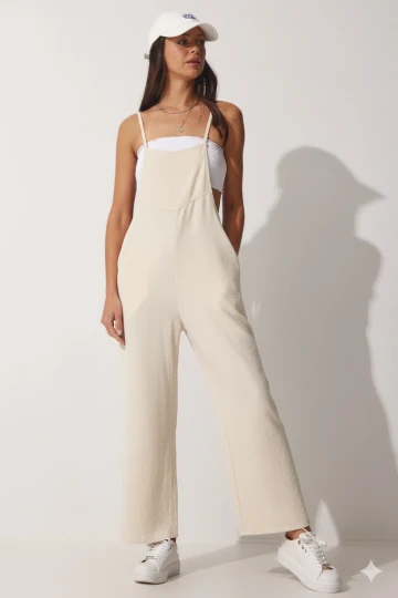 Kadın Krem Ayarlanabilir Askılı Cepli Bol Paça Bahçıvan Tulum HZL22S-BD170191