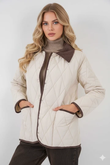 Kadın Krem Çıt Çıt Kapamalı Kadife Detaylı Kapitone Mont HZL25W-BD152261