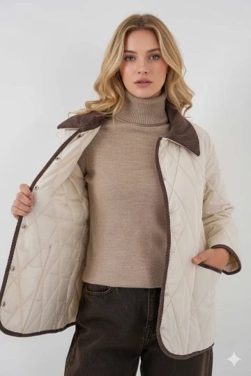 Kadın Krem Çıt Çıt Kapamalı Kadife Detaylı Kapitone Mont HZL25W-BD152261