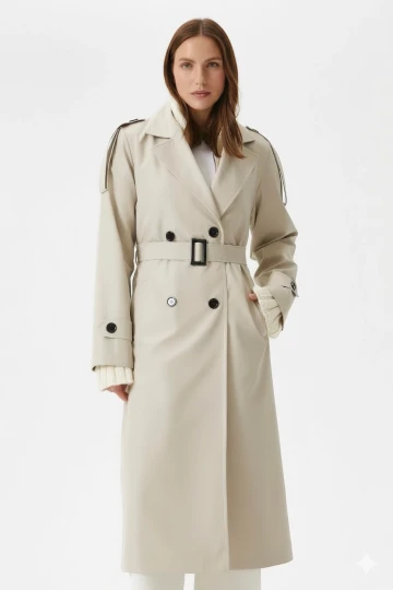 Kadın Krem Kruvaze Yaka Astarlı Kemerli Mevsimlik Trençkot HZL25W-BD159411