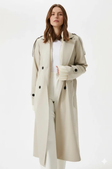 Kadın Krem Kruvaze Yaka Astarlı Kemerli Mevsimlik Trençkot HZL25W-BD159411