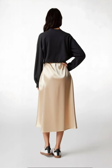 Kadın Krem Saten Yüzeyli Beli Lastikli Midi Boy Etek Hzl23s-bd1101471