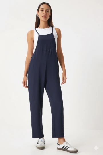 Kadın Lacivert Ayarlanabilir Askılı Cepli Bol Paça Bahçıvan Tulum HZL22S-BD170191