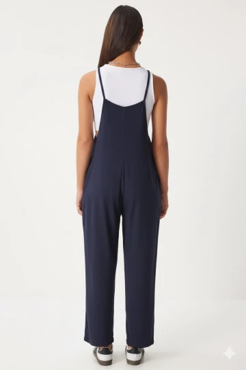 Kadın Lacivert Ayarlanabilir Askılı Cepli Bol Paça Bahçıvan Tulum HZL22S-BD170191