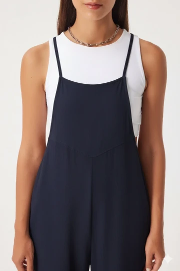 Kadın Lacivert Ayarlanabilir Askılı Cepli Bol Paça Bahçıvan Tulum HZL22S-BD170191