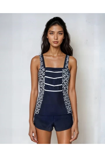 Kadın Lacivert Beyaz Desenli Şortlu Tankini HZL25S-AR1801