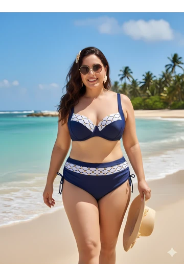 Kadın Lacivert Beyaz Etnik Desenli Büyük Beden Bikini Takım HZL25S-LC2220