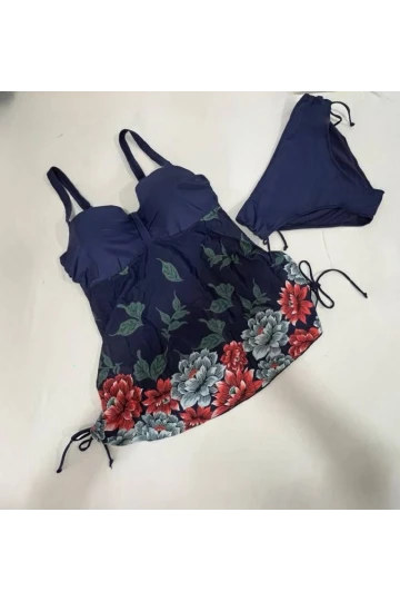 Kadın Lacivert Çiçek Desenli Elbise Model  Slipli Tankini HZL24S-LC4009
