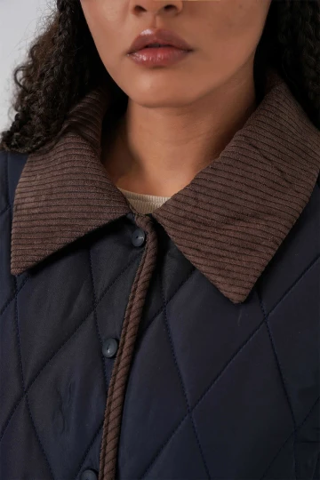 Kadın Lacivert Çıt Çıt Kapamalı Kadife Detaylı Kapitone Mont HZL25W-BD152261