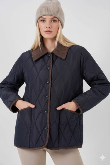 Kadın Lacivert Çıt Çıt Kapamalı Kadife Detaylı Kapitone Mont HZL25W-BD152261