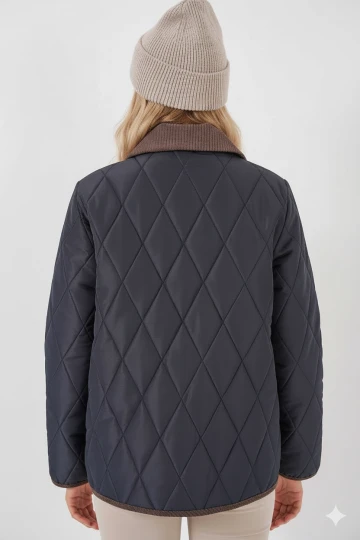 Kadın Lacivert Çıt Çıt Kapamalı Kadife Detaylı Kapitone Mont HZL25W-BD152261