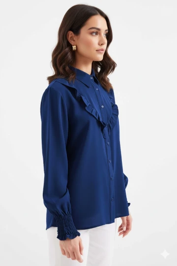 Kadın Lacivert Fırfır Detaylı Uzun Kollu Şık Gömlek HZL25W-BD1202231
