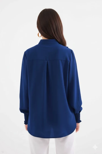 Kadın Lacivert Fırfır Detaylı Uzun Kollu Şık Gömlek HZL25W-BD1202231