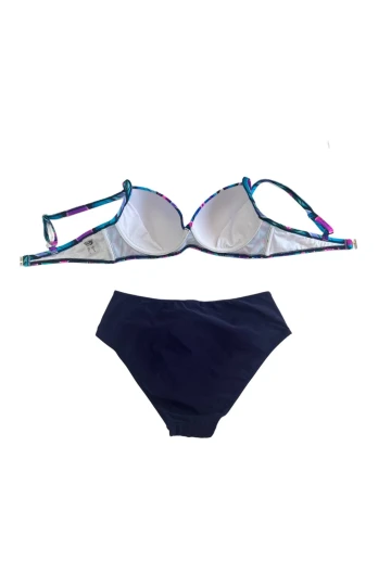 Kadın Lacivert Fuşya Çiçek Desenli Astarlı Büyük Beden Bikini Takımı HZL25S-LC24108