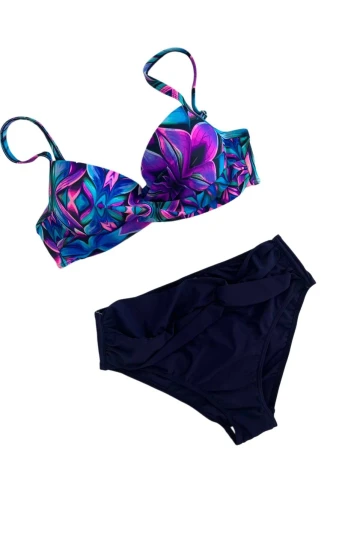Kadın Lacivert Fuşya Çiçek Desenli Astarlı Büyük Beden Bikini Takımı HZL25S-LC24108