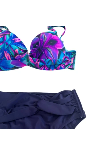 Kadın Lacivert Fuşya Çiçek Desenli Astarlı Büyük Beden Bikini Takımı HZL25S-LC24108