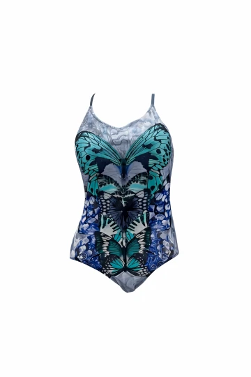 Kadın Lacivert Kelebek Desen İp Askılı Straplez Mayo HZL25S-AR01