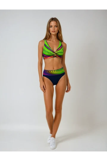 Kadın Lacivert Sarı Desenli Yüksel Bel Astarlı Bikini Takımı HZL25S-LC22315-5