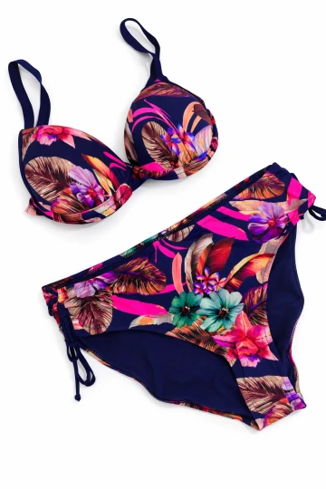 Kadın Lacivert Yaprak Desenli Askılı Yüksek Bel Toparlayıcı Bikini Takım HZL24S-LC22625