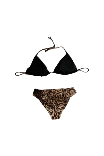Kadın Leopar Desen Boyundan Bağlamalı Etekli  Bikini Takımı HZL25S-LC3220