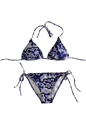 Kadın Lila Çiçek Desenli Boyundan İp Bağlamalı Üçgen Bikini Takımı HZL25S-LC5005