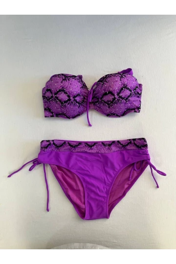 Kadın Lila Siyah Desenli Taş İşlemeli Toparlayıcı Bikini Takım HZL25S-LC3333