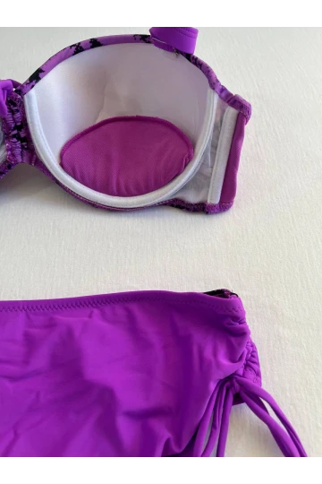 Kadın Lila Siyah Desenli Taş İşlemeli Toparlayıcı Bikini Takım HZL25S-LC3333
